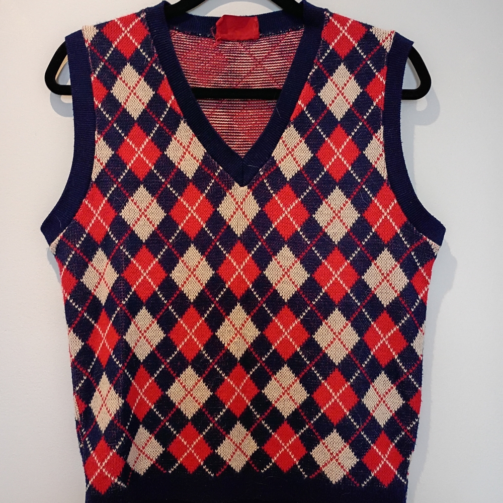 Sears V-Neck Argyle Sweater Vest - Red, Blue, and Cream